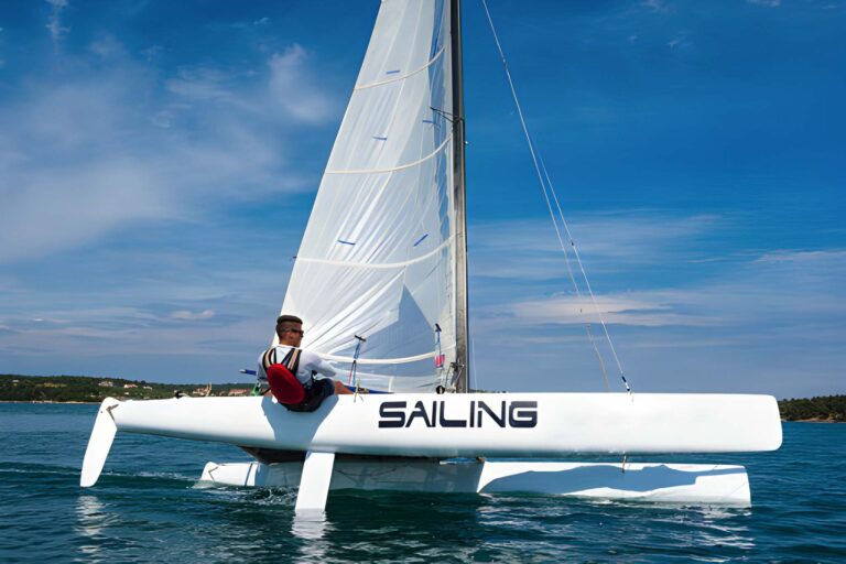 Sailing catamaran in a race on open water