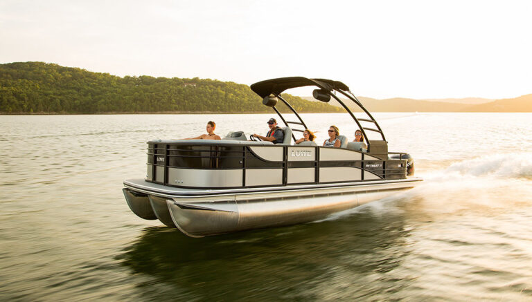 Lowe Retreat 230 RFL pontoon boat showing deck and seating layout