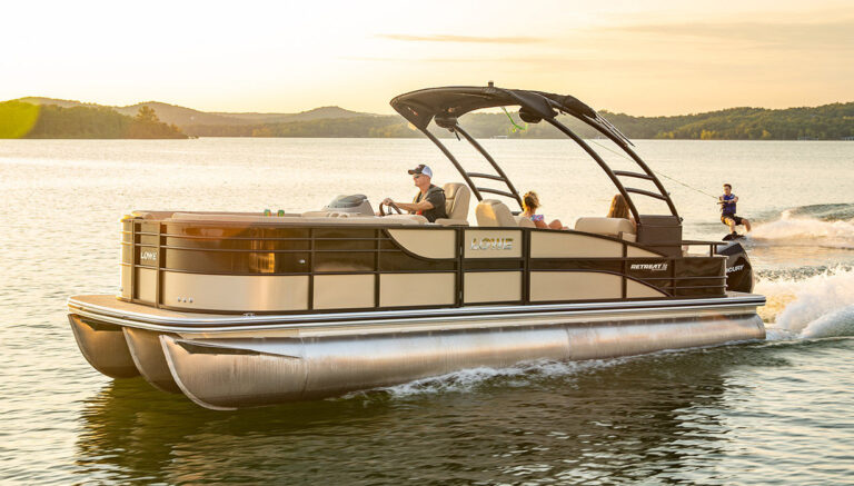 Lowe Retreat 250 RFL pontoon boat showing deck, seating, and pontoons