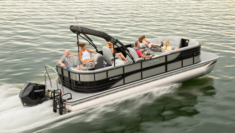 Lowe Retreat 270 Extended WT pontoon boat showing deck layout, seating, and pontoons