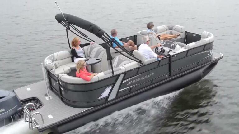 Starcraft EXS 3 pontoon boat showing deck and pontoons