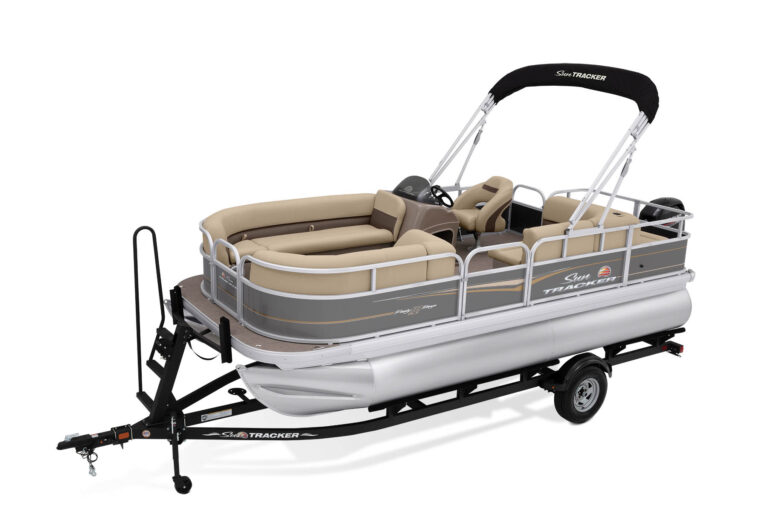 Sun Tracker Party Barge 18 DLX pontoon boat showing deck, seating, and pontoon layout