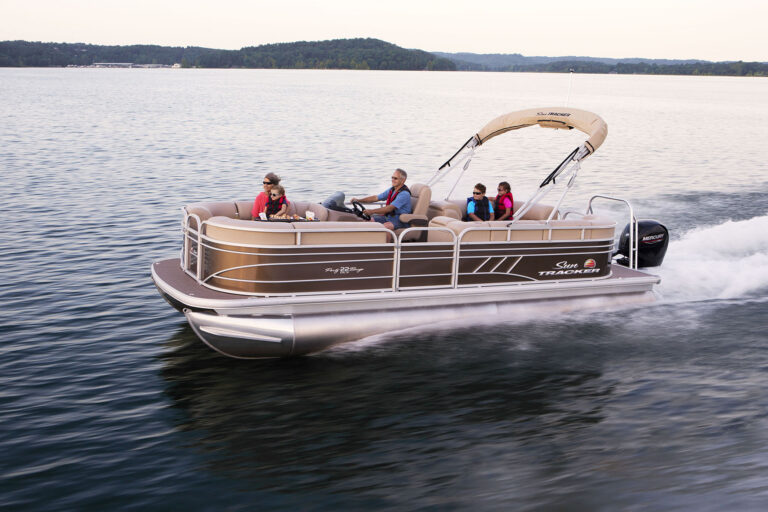 Sun Tracker Party Barge 22 DLX pontoon boat showing deck, seating, and pontoon design